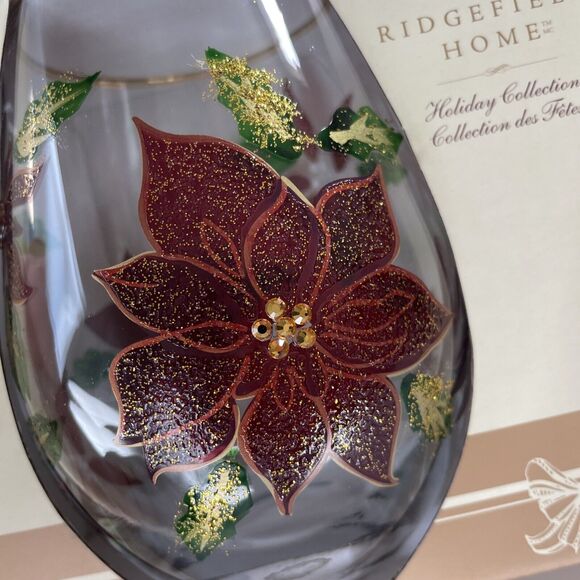Set of 2 RIDGEFIELD HOME Jeweled CHRISTMAS STEMLESS WINE GLASSES Poinsettias - Picture 4 of 7